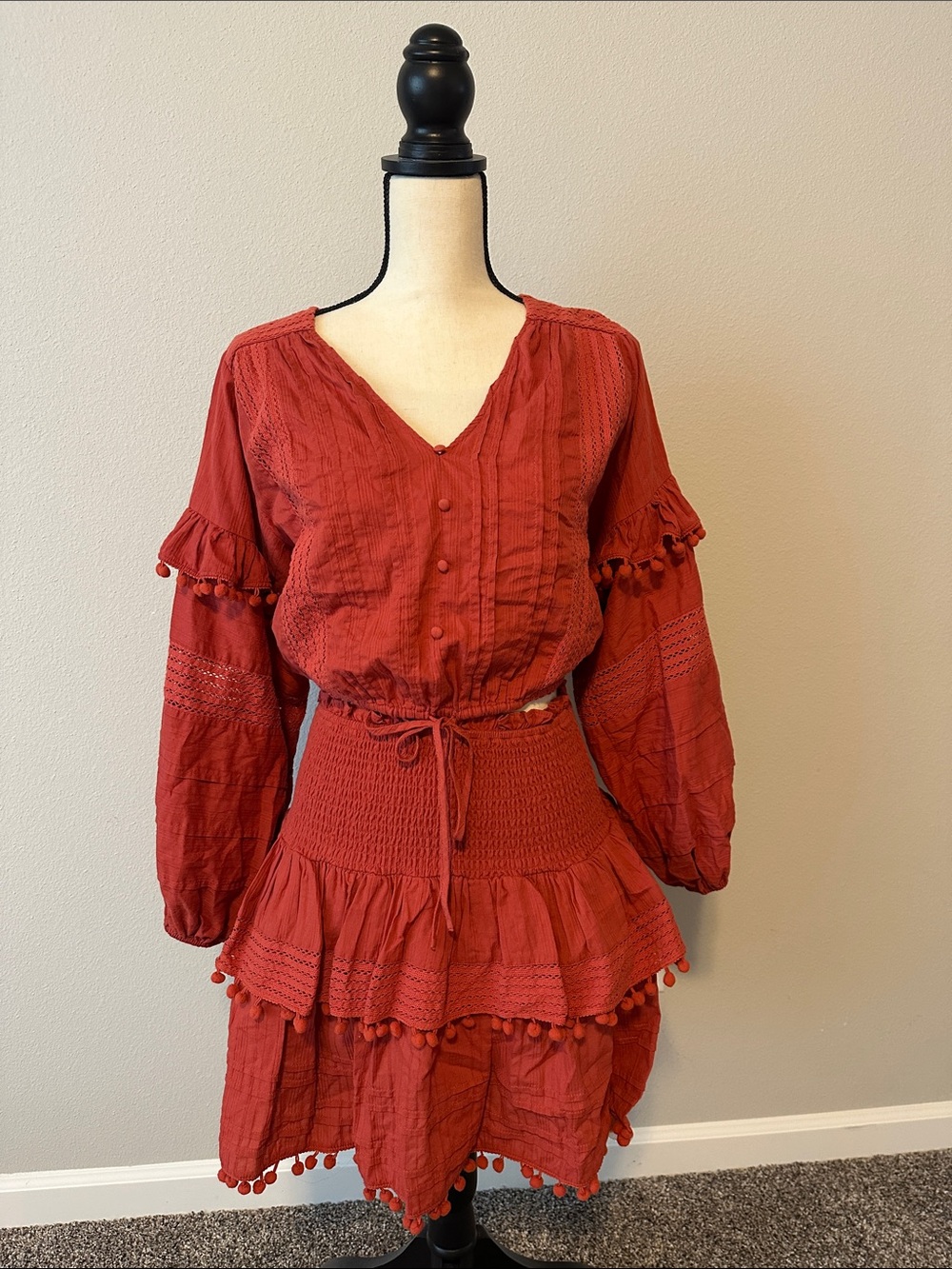 House of Harlow 1960 Rust Red Long Sleeve Tiered Pom-Pom Dress